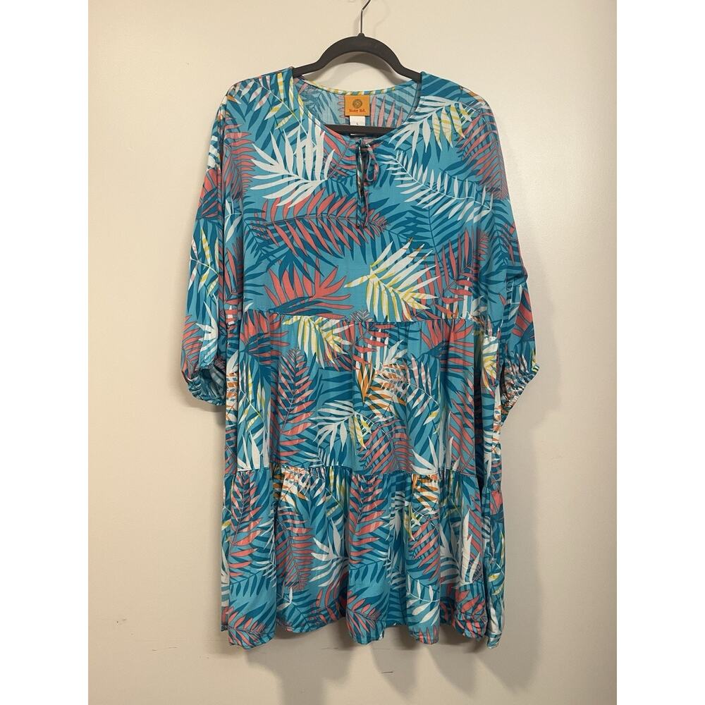 Womens Blue Floral 3/4 Sleeve Knee Length Shift Dress Breezy Sunmer Size Large